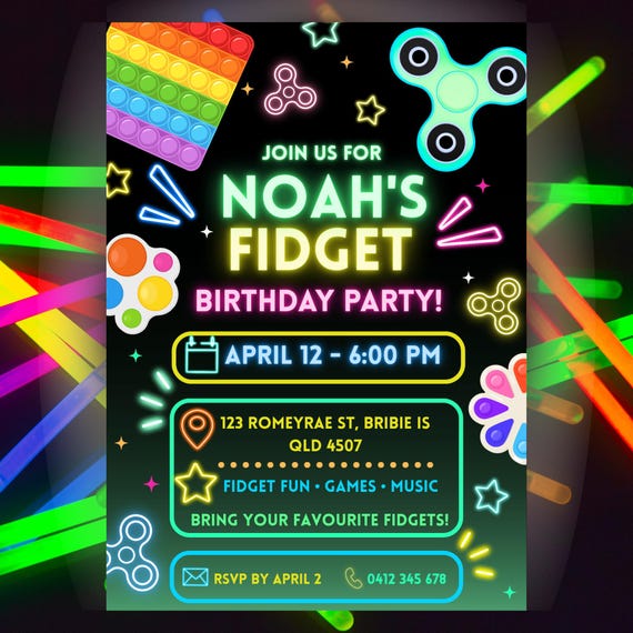 Neon Fidget Birthday Invitation | Editable Glow Party Invite (Canva Template)