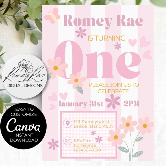 Pink Gingham 1st Birthday Invitation: Floral Butterfly Design (Canva Editable, Digital Download)
