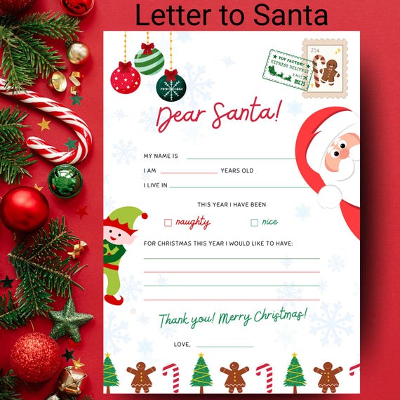 Dear Santa Letter Printable: Kids Christmas Wish List Activity (Digital Download)