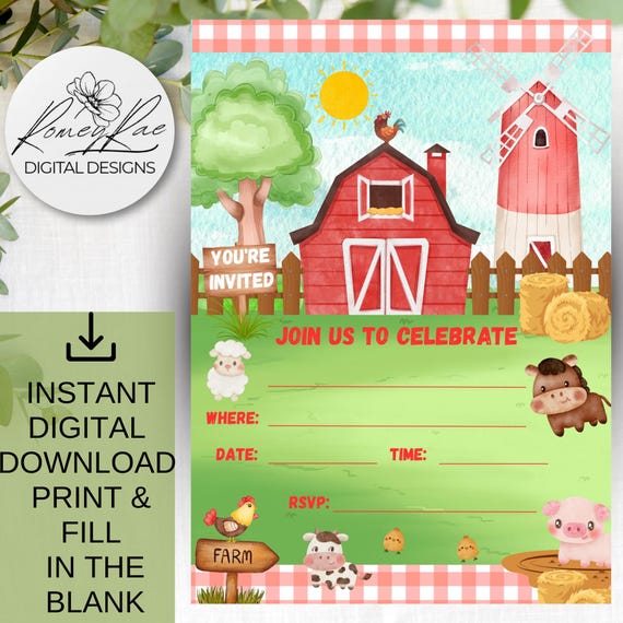 Farm Birthday Invitation: Barnyard Animals, Red Barn (PDF & JPG)