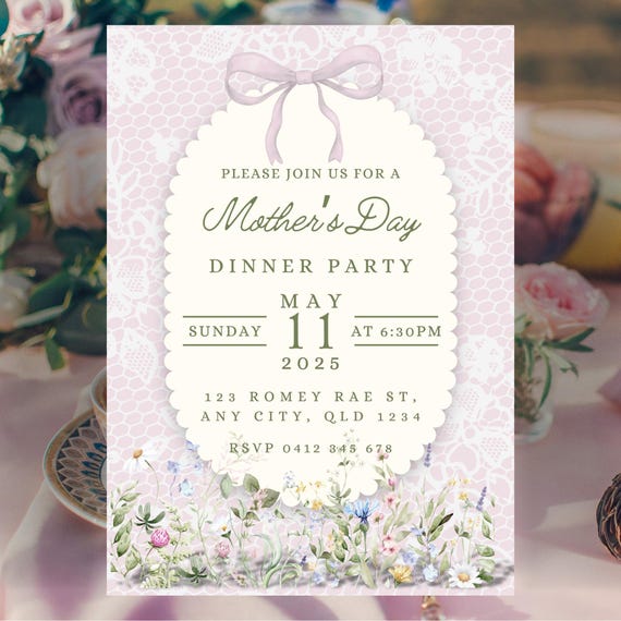Blush Lace Editable Mother’s Day Invitation, Editable 5x7 Template, Floral Dinner Party Invite, Printable