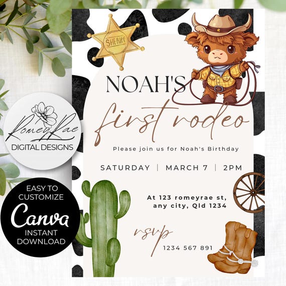 First Rodeo Birthday Invitation: Cowboy Western Party, Editable Canva Template (Digital Download)
