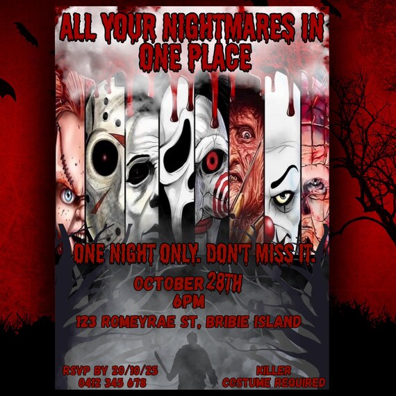 Halloween Party Invitation | Scary Horror Movie Villains Invite | Printable Digital Download | Editable Template