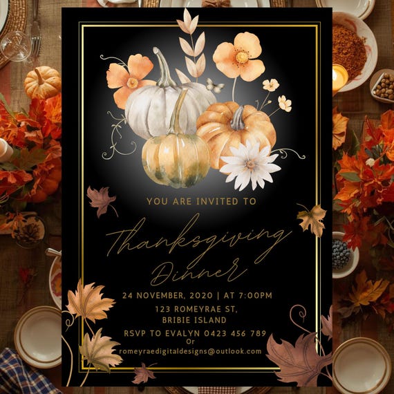 Elegant Black & Gold Thanksgiving Dinner Invitation (Canva Template)