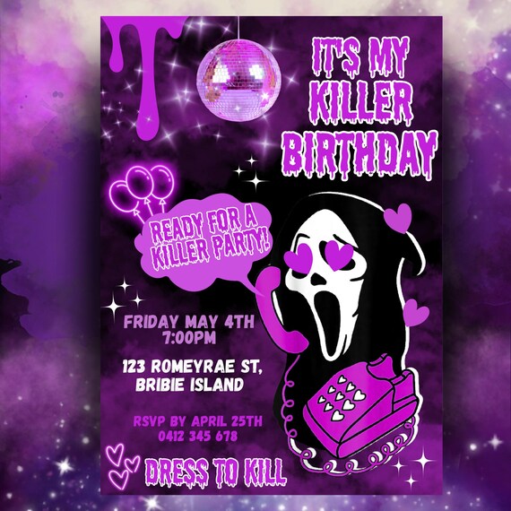 Spooky Glam Birthday Invitation | Purple Disco Slasher Party (Canva Template Digital Download)