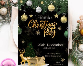 Elegant Black & Gold Christmas Party Invitation | Festive Holiday Invite (Canva Template)