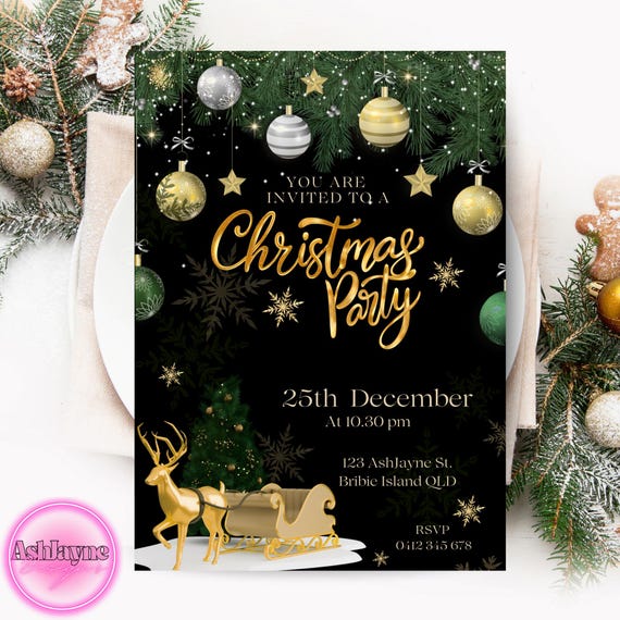 Elegant Black & Gold Christmas Party Invitation | Festive Holiday Invite (Canva Template)