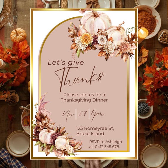 Rustic Thanksgiving Dinner Invitation | Blush Pumpkin Floral (Editable Canva Template)
