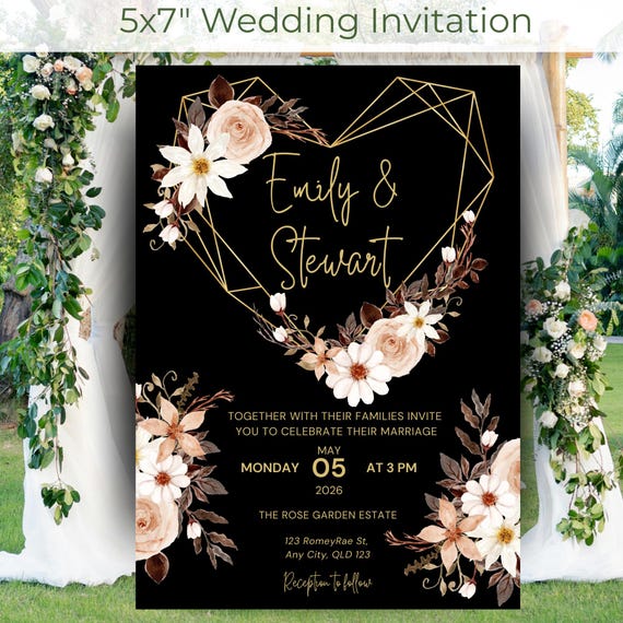 Black & Gold Wildflower Heart Wedding Invitation – Editable Template
