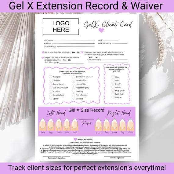 Gel X Client Card Nail Extension Size Record & Salon Waiver Canva Template