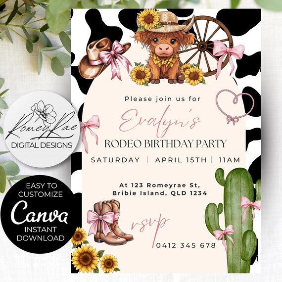 Cowgirl Rodeo Birthday Invitation: Pink Bow Western Theme (Editable Template, 5x7 in)