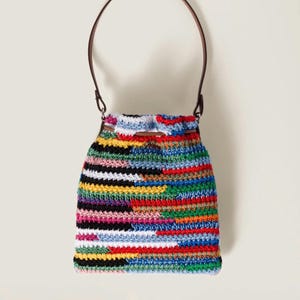 Handmade Rainbow Crochet Pouch Bag, Cotton Yarn, Leather Strap, Boho Style, Miu Miu Inspired
