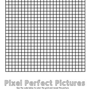 Könnte beinhalten: Ein schwarz-weiß Pixel-Art-Raster mit Zahlen und dem Text "Pixel Perfect Pictures". Die Farbtabelle unter dem Raster gibt die Farben für jede Zahl an: Dunkelgrün, Blau, Grün, Braun, Weiß, Lila, Rot, Rosa und Schwarz.