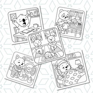 May include: Black and white illustrations of animals in various scenarios. A koala yawns at a desk, a bear folds laundry, a bunny and bear meditate, a fox does laundry, and a hedgehog sleeps in bed.