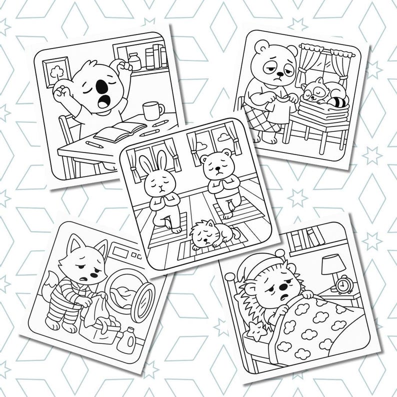 May include: Black and white illustrations of animals in various scenarios. A koala yawns at a desk, a bear folds laundry, a bunny and bear meditate, a fox does laundry, and a hedgehog sleeps in bed.