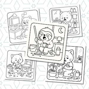 May include: A collection of five black and white cartoon illustrations depicting tired animals engaged in various activities. The illustrations include a raccoon at a computer, a bear brushing its teeth, a sloth mopping, and a cat gardening.