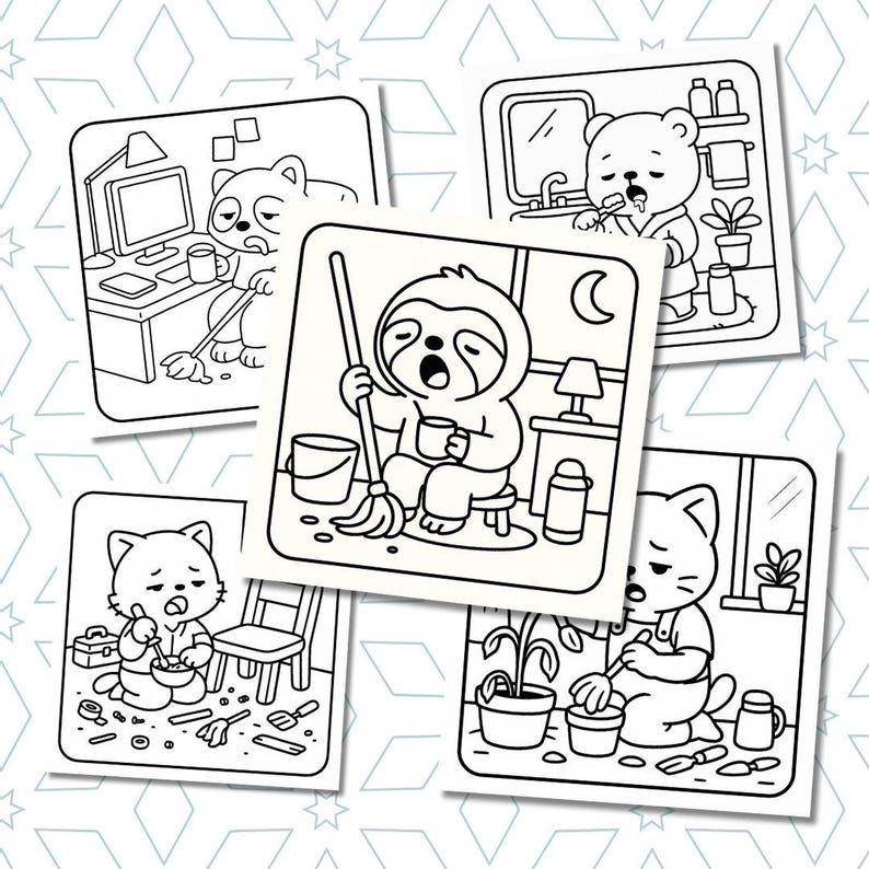 May include: A collection of five black and white cartoon illustrations depicting tired animals engaged in various activities. The illustrations include a raccoon at a computer, a bear brushing its teeth, a sloth mopping, and a cat gardening.