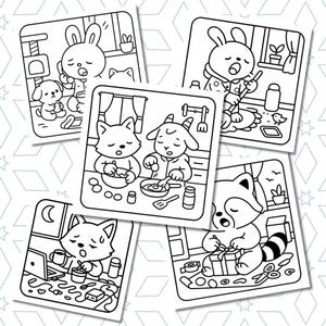 May include: A collection of black and white coloring pages featuring various cartoon animals in domestic settings. The illustrations depict a bunny, dog, cat, fox, goat, and raccoon engaged in activities like cooking, working, and gift wrapping.