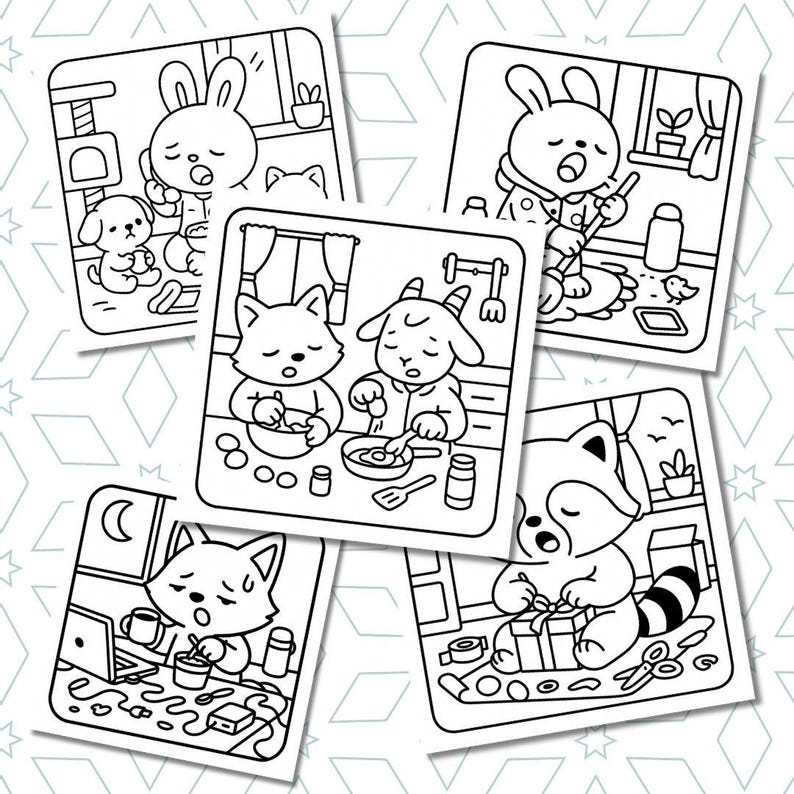 May include: A collection of black and white coloring pages featuring various cartoon animals in domestic settings. The illustrations depict a bunny, dog, cat, fox, goat, and raccoon engaged in activities like cooking, working, and gift wrapping.