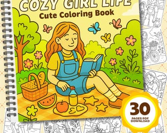 Cozy Girl Life Coloring Book, 30 Relaxing Cute Pages (Printable PDF)