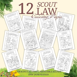 May include: A set of 12 Scout Law coloring pages featuring black and white line art illustrations of children in scout uniforms. Each page displays a specific virtue such as Friendly, Trustworthy, Helpful, Loyal, Courteous, Cheerful, Obedient, Kind, Brave, Reverent, Clean, and Thrifty with descriptive text below each scene.