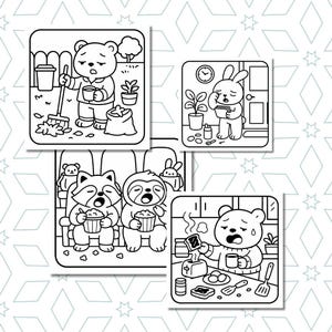 May include: Four black and white cartoon illustrations of animals in various scenarios. A bear sweeps a yard, a rabbit reads, a raccoon and sloth eat popcorn, and a bear burns toast. Each image is framed in a square.