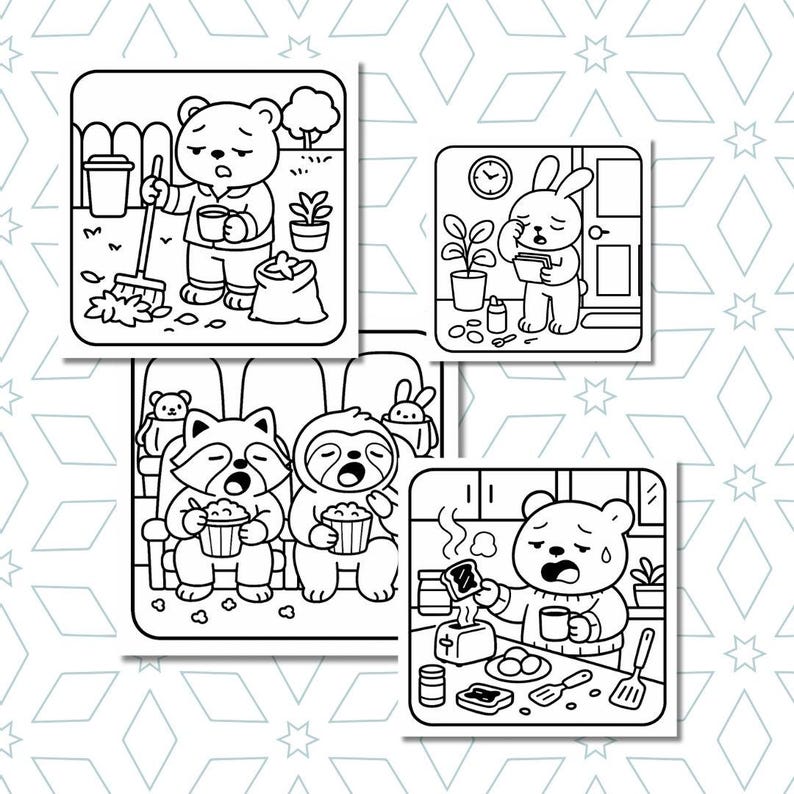 May include: Four black and white cartoon illustrations of animals in various scenarios. A bear sweeps a yard, a rabbit reads, a raccoon and sloth eat popcorn, and a bear burns toast. Each image is framed in a square.