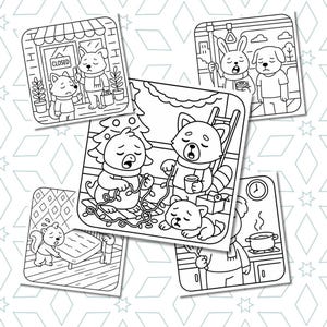May include: A collection of black and white illustrations featuring anthropomorphic animals in various scenarios. One shows a shop with a "Closed" sign, another depicts animals on a train, and others show animals with Christmas lights and cooking.
