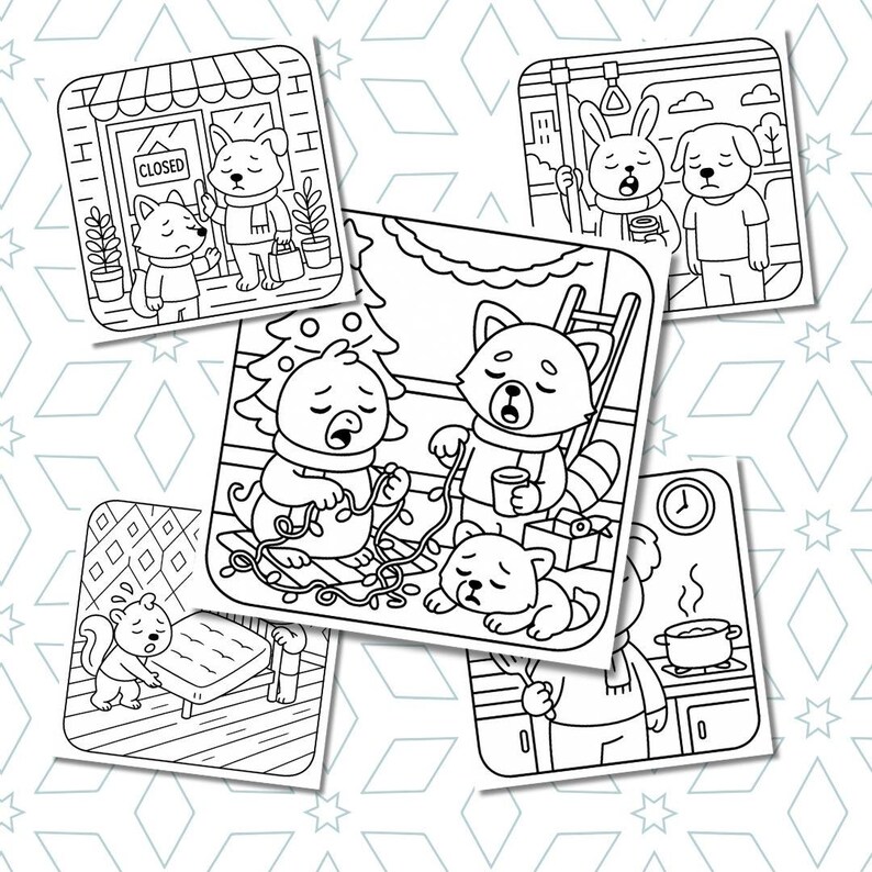 May include: A collection of black and white illustrations featuring anthropomorphic animals in various scenarios. One shows a shop with a "Closed" sign, another depicts animals on a train, and others show animals with Christmas lights and cooking.