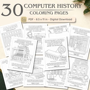 May include: A collection of 30 computer history coloring pages in a digital PDF format measuring 8.5 by 11 inches. The pages feature black and white line art illustrations of historical computing devices, including an abacus, Jacquard loom, and integrated circuits with descriptive text.