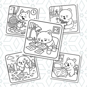 May include: A collection of five black and white illustrations featuring cartoon animals in various scenarios. A cat does laundry, a bear eats noodles, a cat studies, a dog sweeps leaves, and a mouse makes a bed.