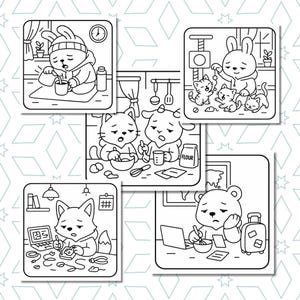 May include: A collection of five black and white illustrations featuring anthropomorphic animals in various scenarios. The images depict a rabbit, cats, a bear, and a fox engaged in activities like cooking, working on a laptop, and preparing a drink.