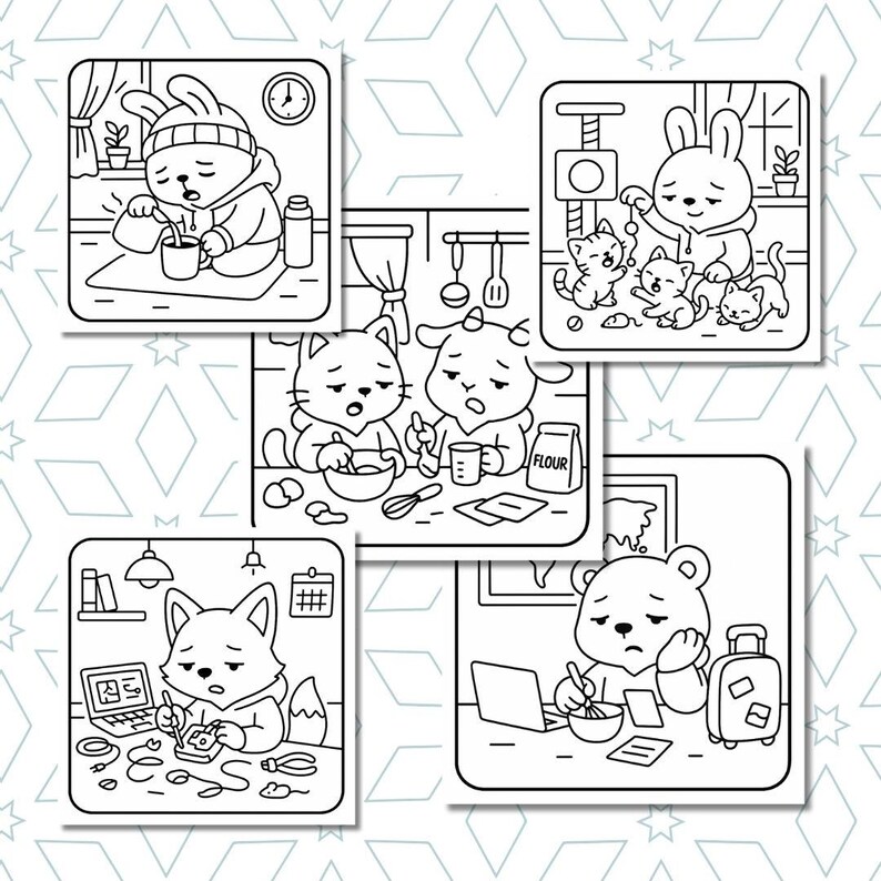 May include: A collection of five black and white illustrations featuring anthropomorphic animals in various scenarios. The images depict a rabbit, cats, a bear, and a fox engaged in activities like cooking, working on a laptop, and preparing a drink.
