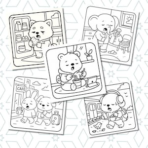 May include: A collection of five black and white illustrations depicting various animals in relatable scenarios. One shows a bear eating, another an elephant getting dressed, and others show a bear working, a rabbit and dog at a cafe, and a bear at a train station.