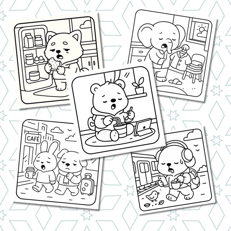 May include: A collection of five black and white illustrations depicting various animals in relatable scenarios. One shows a bear eating, another an elephant getting dressed, and others show a bear working, a rabbit and dog at a cafe, and a bear at a train station.