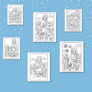 May include: A collection of six black and white line art illustrations, each depicting a religious figure with children and animals. The images are framed with rounded corners and set against a light blue background with white snowflake accents.