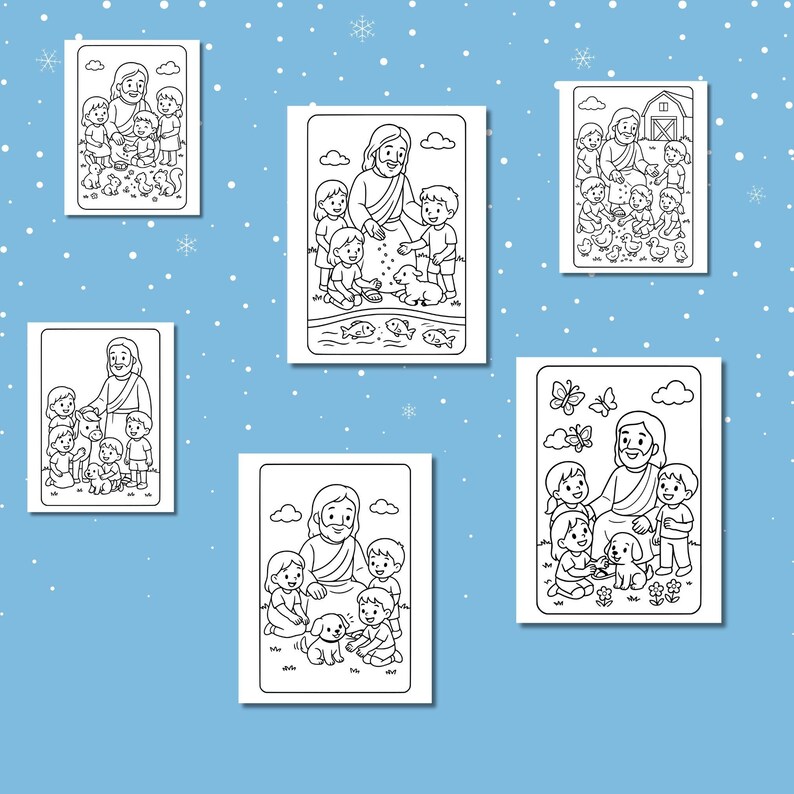 May include: A collection of six black and white line art illustrations, each depicting a religious figure with children and animals. The images are framed with rounded corners and set against a light blue background with white snowflake accents.