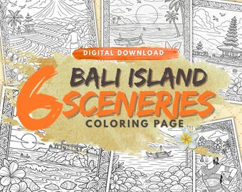 Bali Scenery Coloring Pages: Tropical Island Landscapes (PDF Download, 6 Sheets)