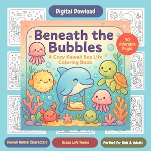 Ocean Coloring Book – 30 Kawaii Sea Life Pages for Kids & Adults – Printable Pages Digital Download – Cute Underwater Animal Art