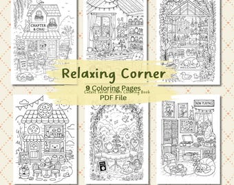 Cozy Cottagecore Coloring Pages: Relaxing Cafe Scenes (PDF Printable, 9 Sheets)