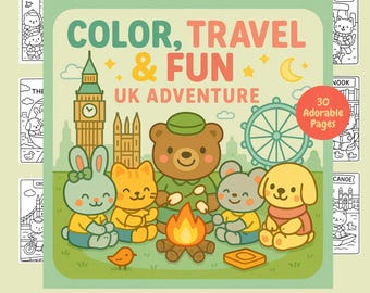 UK Adventure Coloring Book: Kawaii Animals, Travel Scenes (PDF Download)