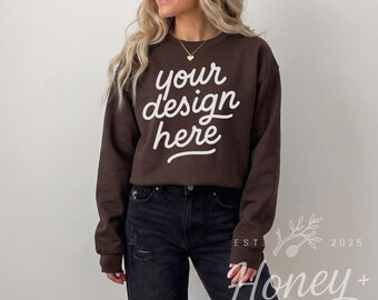 Gildan 18000 Mockup Chocolate Brown Sweatshirt Mockup, Trendy Lifestyle Mockup Gildan 18000 Chocolate Brown