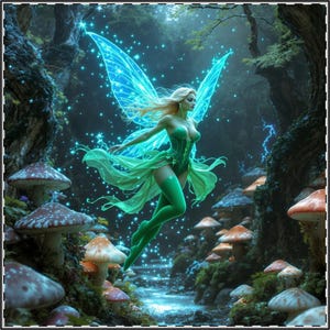 Enchanting Fairy in a Mushroom Forest Satin Posters | Whimsical Wall Art, Magical Home Decor, Unique Gift, Fantasy Art, Bedroom Decor