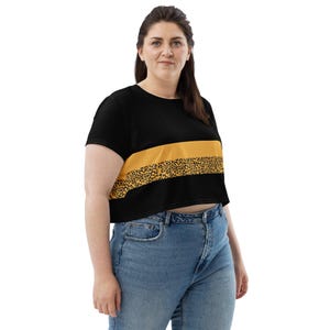 Women&#39;s Leopard Print Crop Top | Black and Yellow Color Block Tee