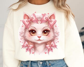 Girly Coquette Cat PNG – Kawaii Kitty with Pink Bows (Sublimation File)