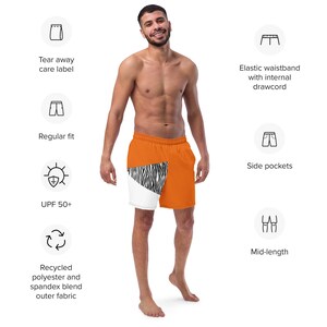 Orange Color Block Recycled Swim Trunks with Zebra Print