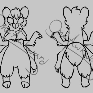 Op de afbeelding: Lijntekening van een harig wezen in twee poses: voor en achter. De voorkant toont een gedetailleerd gezicht met grote ogen en een donzige borst. De achteraanzicht toont het silhouet van het lichaam van het wezen. Het wezen heeft vier ledematen en een donzige staart.