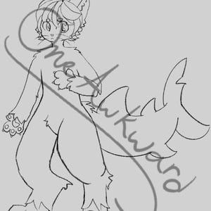 May include: A black and white line drawing of a furry anthropomorphic character with cat-like features, including pointed ears and a fluffy tail. The character is standing with a paw raised, and the overall style is reminiscent of a cartoon or comic book illustration.