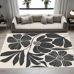 Flower Rug, Black Flower Rug, Floral Rug,Modern Rug, Kitchen Rug, Machine Washable Rug, Machine Washable Rug,Flower Design,Living Room Decor