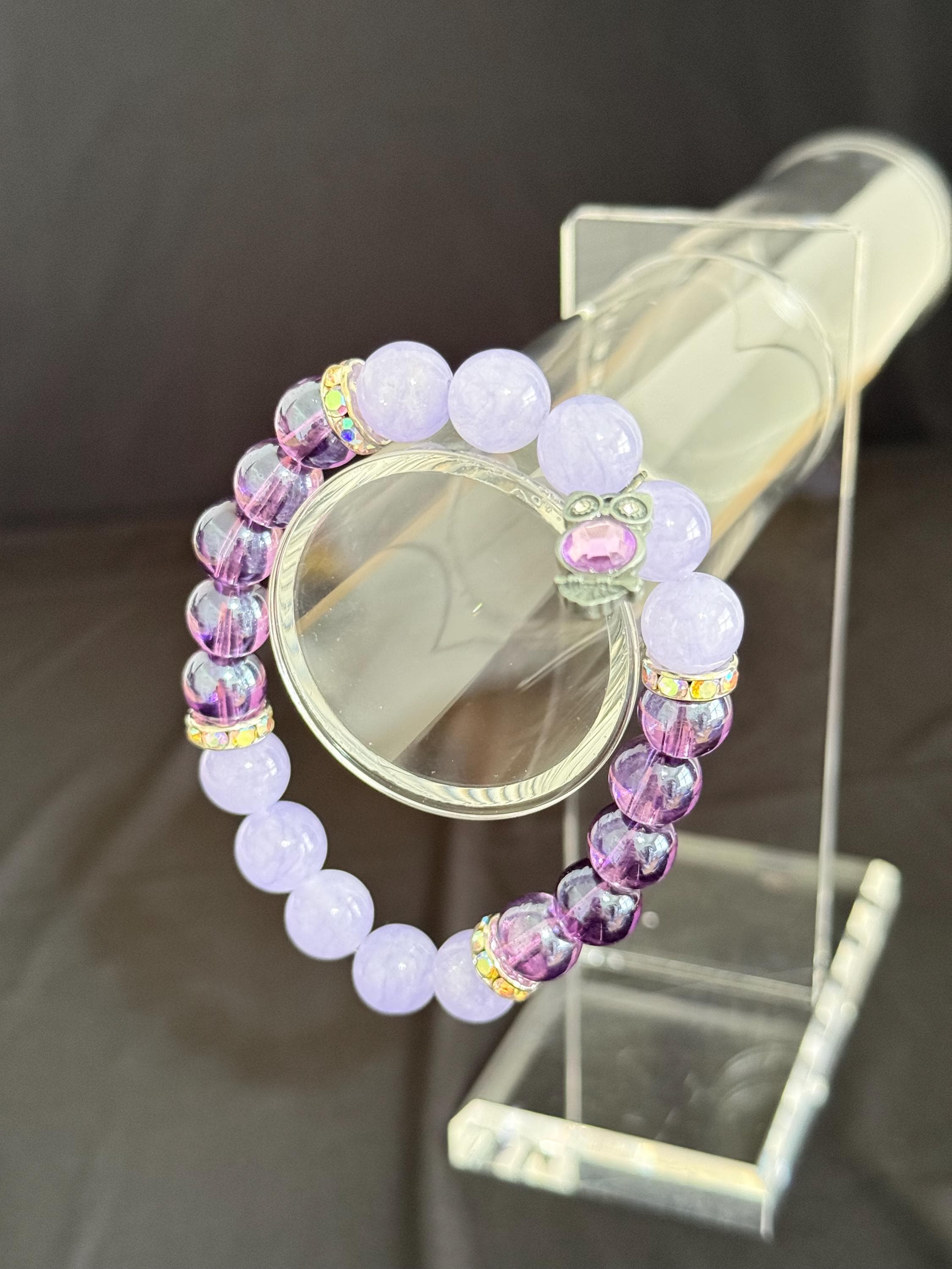 Purple Quartz and Glass Owl Beaded Bracelet